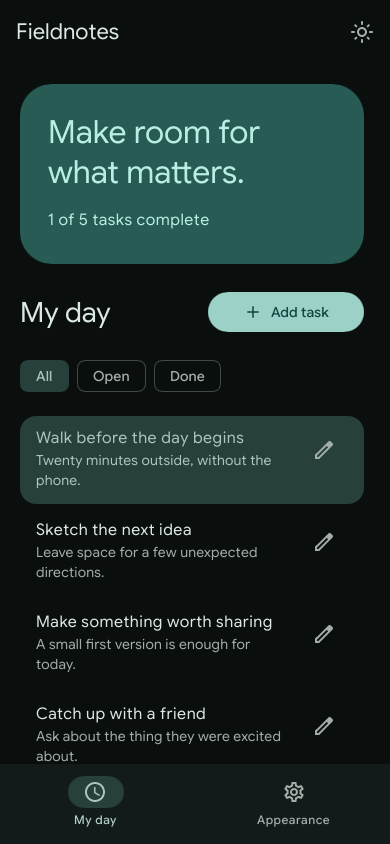 The same narrow Fieldnotes layout in dark colors.